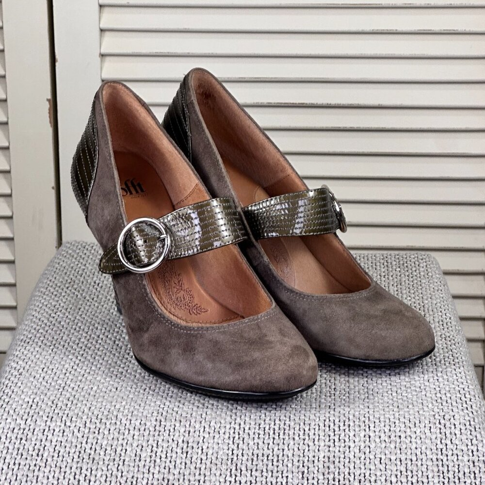 Sofft Florence Brown Suede Patent Leather Mary Jane Pumps Heels Shoes Size 9